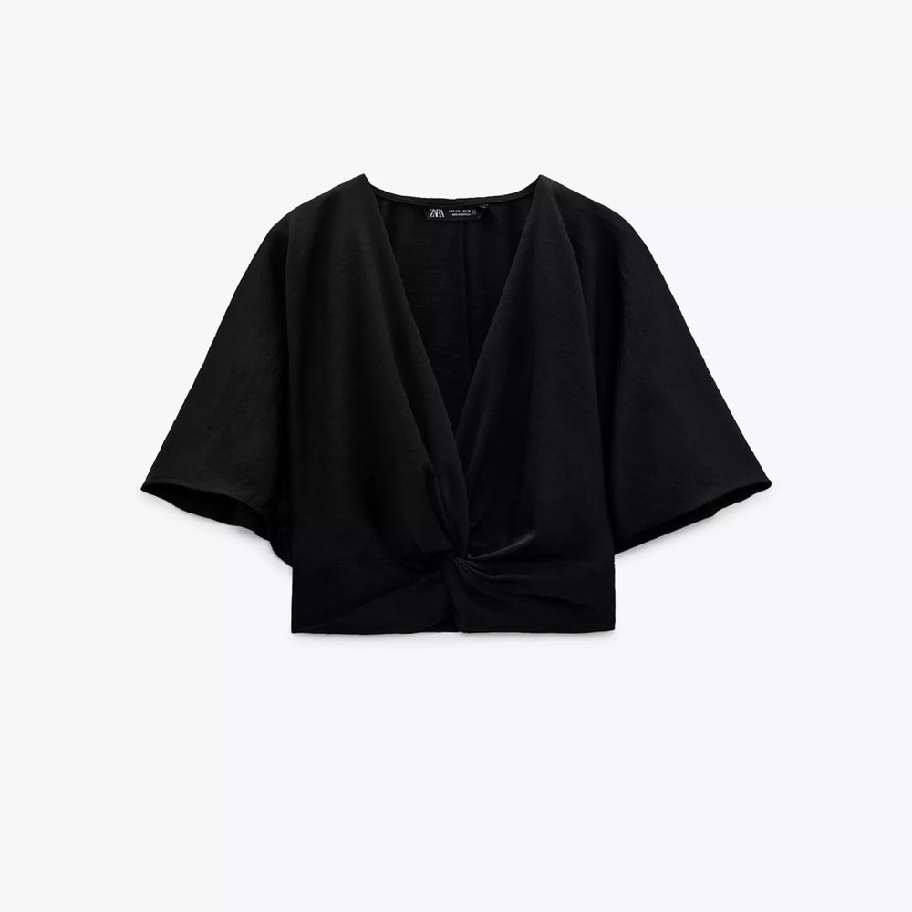 Zara Knotted Bell Sleeve Top Black Medium Cropped V-Neck
